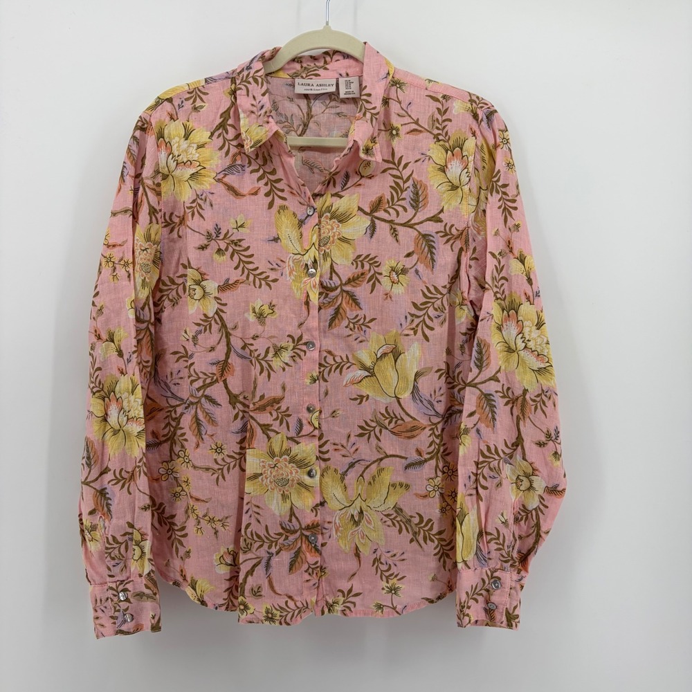 Laura Ashley Womens Medium Pink Floral 100% Linen Button Down Long Sleeve Shirt